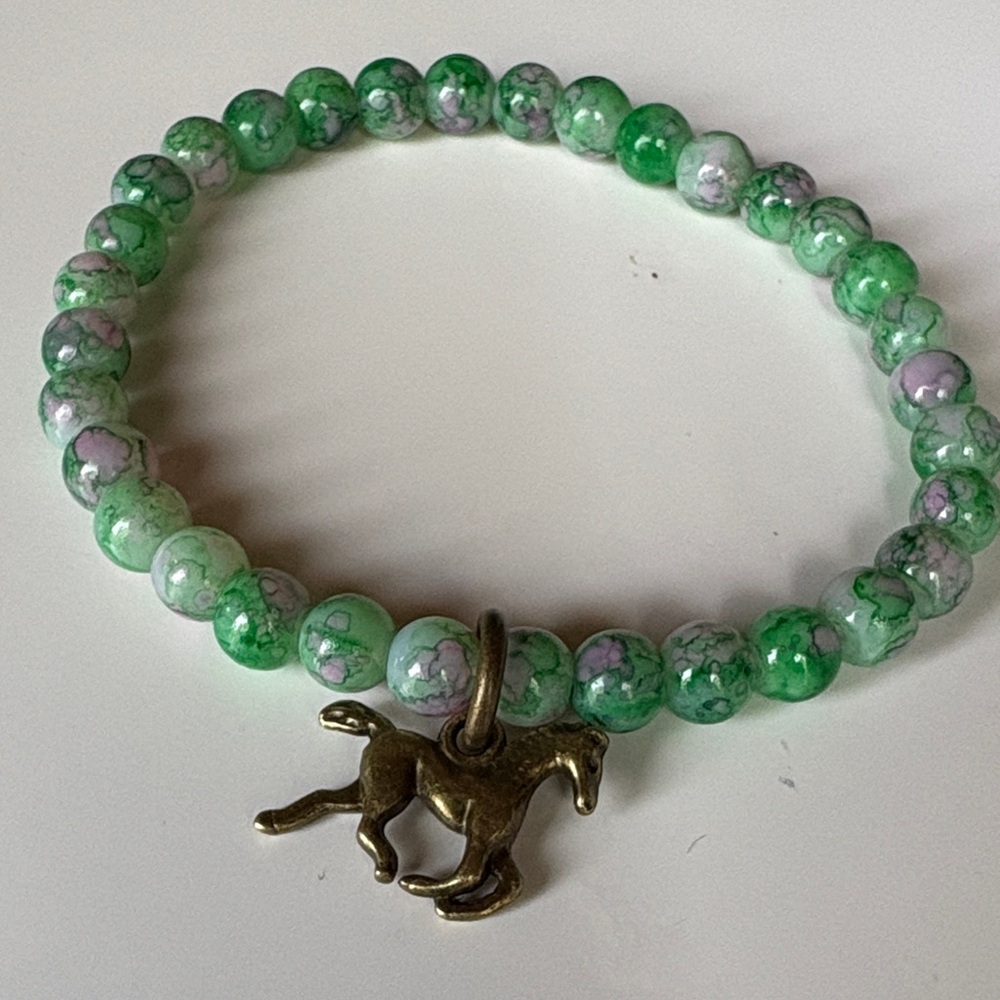 Green Lilac Glass Stretch Beaded Bracelet with Horse Charm